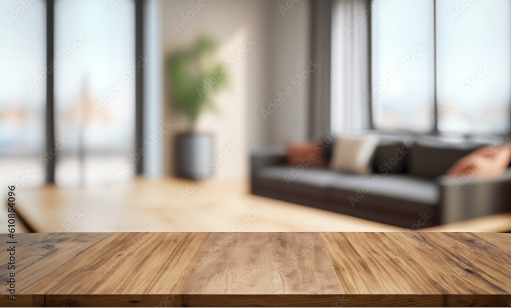 Empty wooden tabletop with blurred living room background wallpaper, Wood table with blurred modern apartment interior background, 