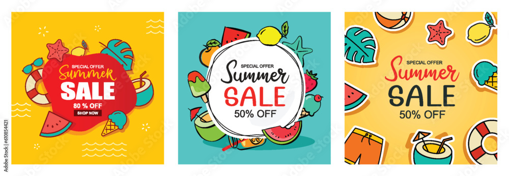 Summer sale banner cover template background. Summer discount special offer in hand drawn style.