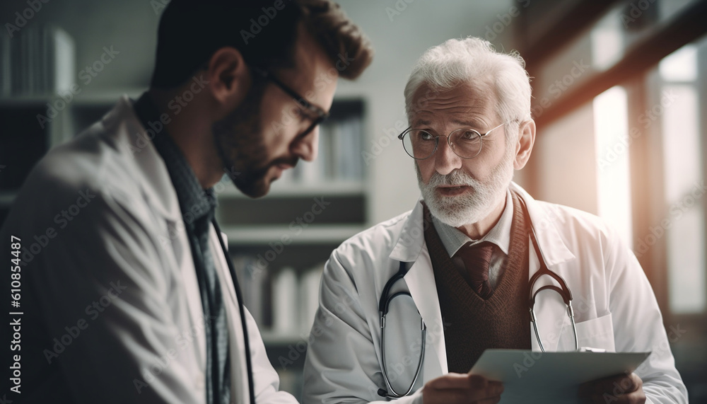 Fototapeta premium Senior doctor and businessman discuss healthcare technology generated by AI