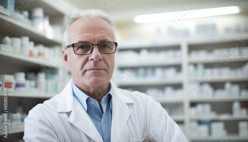 Mature pharmacist holding prescription medicine with confidence generated by AI
