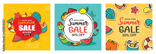 Summer sale banner cover template background. Summer discount special offer in hand drawn style.
