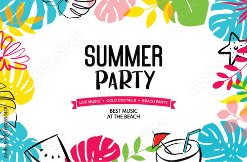 Summer party poster with plants and leaf decoration background.