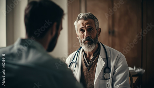 Two mature men in lab coats talking seriously generated by AI © grgroup