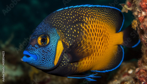 Striped clown fish swims in vibrant coral reef generated by AI