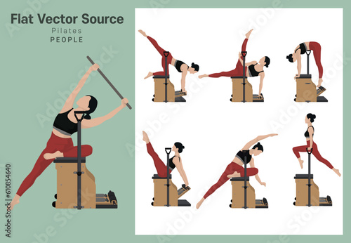 A person silhouette source that expresses the exercise pose of women with flexibility to enjoy indoor home training with Pilates chair equipment