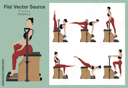 A person silhouette source that expresses the exercise pose of women with flexibility to enjoy indoor home training with Pilates chair equipment
