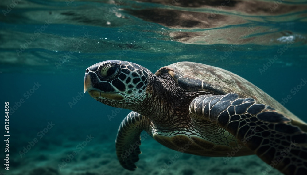 Fototapeta premium Endangered sea turtle swims in tranquil reef generated by AI