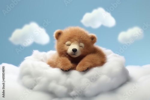 A cute little baby brown bear sleeps on a cloud. Generative AI © Kanisorn