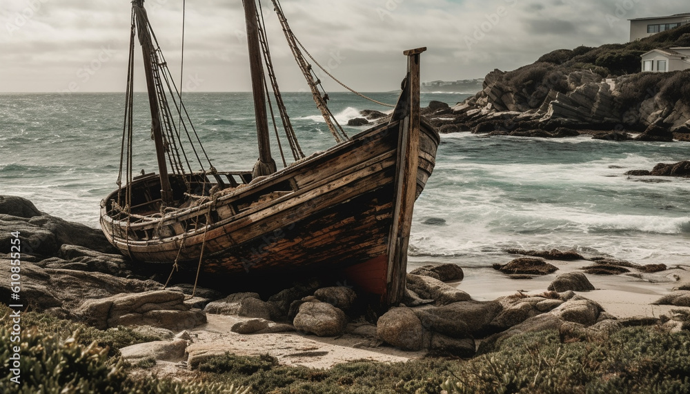 Sailing ship crashes on rocky African coastline generated by AI