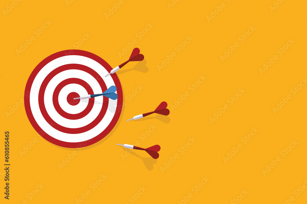Red darts missed hitting target and only blue one hits the center. Business challenge failure and success concept. Red darts missed hitting target and only blue one hits the center. Business challenge failure and success concept.