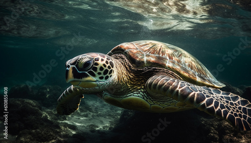 Green sea turtle swimming in tranquil reef generated by AI © grgroup