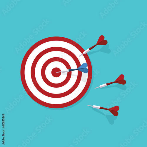 Red darts missed hitting target and only blue one hits the center. Business challenge failure and success concept.