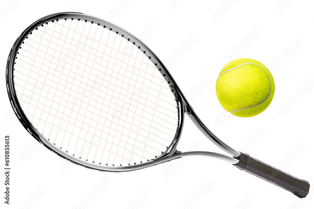 Sport equipment ,Black Tennis racket and Yellow Tennis ball sports equipment isolated On White background With work path.