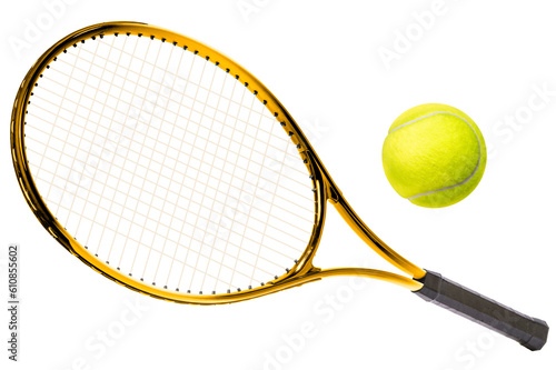 Sport equipment ,Golden Tennis racket and Yellow Tennis ball sports equipment isolated On White background With work path. © Juraiwan