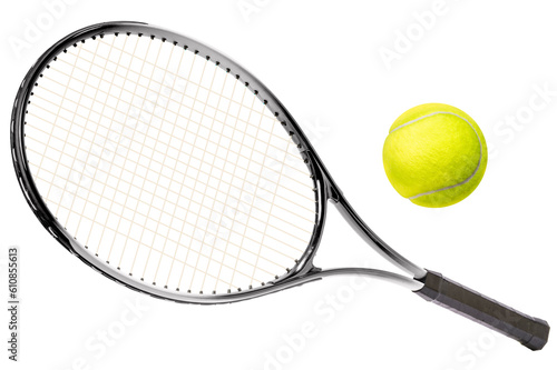 Sport equipment ,Black Tennis racket and Yellow Tennis ball sports equipment isolated On White background With work path. © Juraiwan