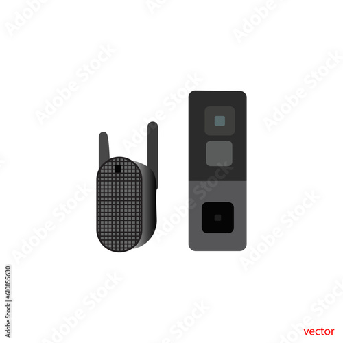 doorbell on the wall of the house with a surveillance camera vector illustration, The female hand presses a button doorbell with camera and intercom vector design for new business
