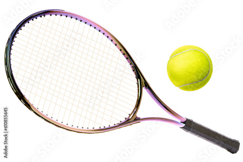 Sport equipment ,Rainbow Tennis racket and Yellow Tennis ball sports equipment isolated On White background PNG File.. © Juraiwan