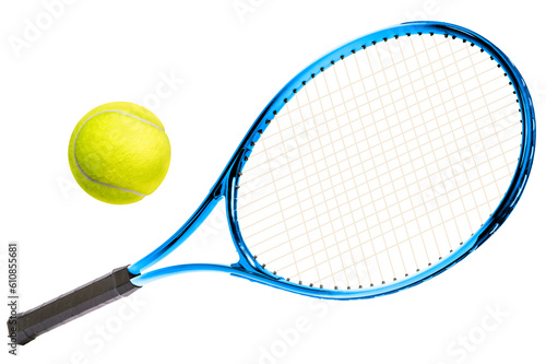 Sport equipment ,Blue Tennis racket and Yellow Tennis ball sports equipment isolated On White background PNG File. © Juraiwan