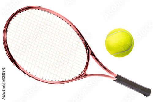 Sport equipment ,Red Tennis racket and Yellow Tennis ball sports equipment isolated On White background PNG File. © Juraiwan