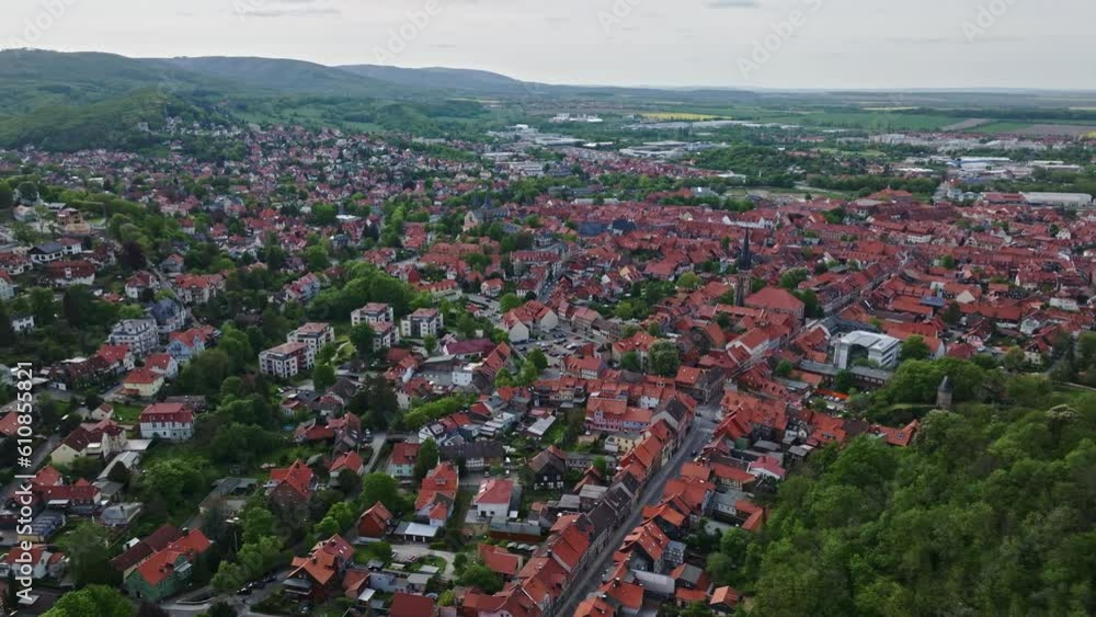 Drone shot of Wernigerode . It is a town in the Harz district of central Germany
