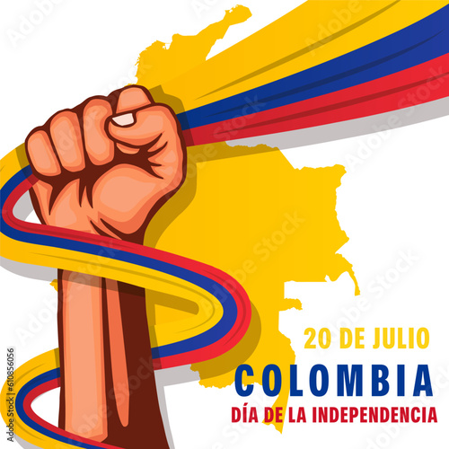 vector 20 de julio illustration with hand holding colombian flag