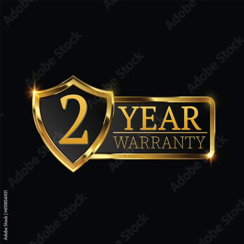 2 year warranty logo with golden shield and golden ribbon.Vector illustration.