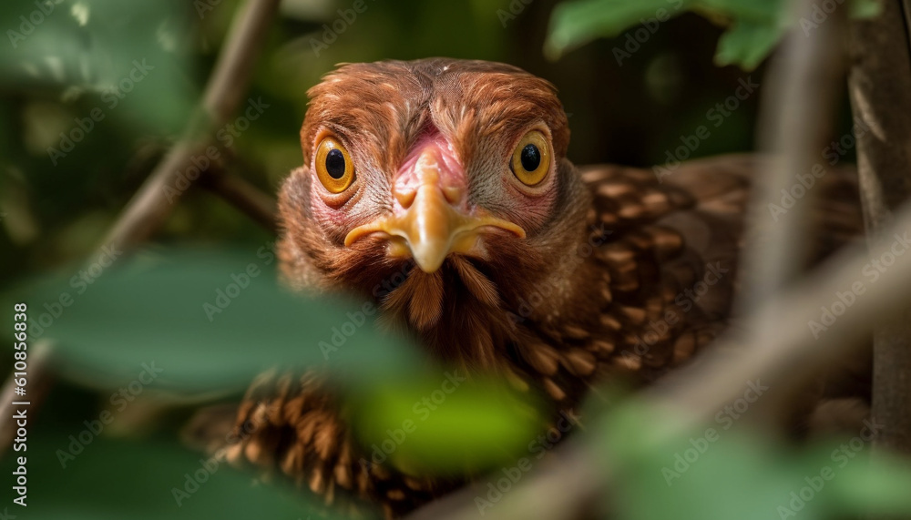 Fototapeta premium Cute young chicken looking at camera outdoors generated by AI
