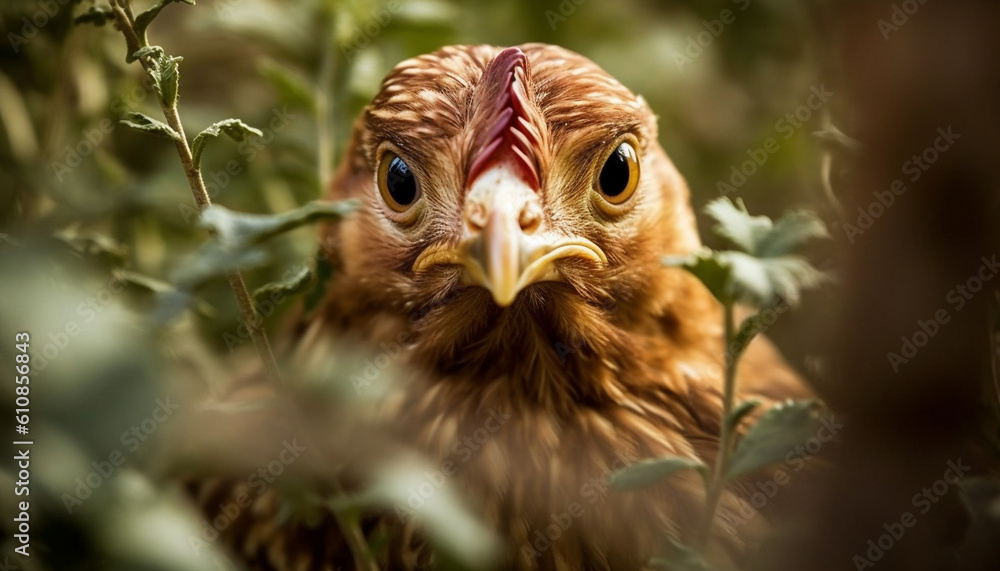 Fototapeta premium Free range chicken peeks out of coop generated by AI