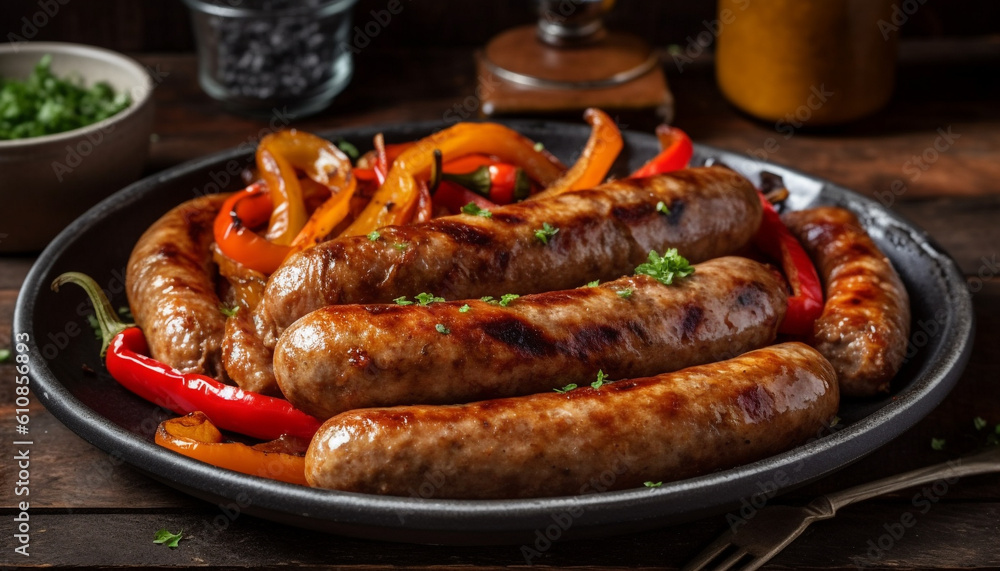 Grilled pork, beef, bratwurst, cooked on barbecue generated by AI Grilled pork, beef, bratwurst, cooked on barbecue generated by AI
