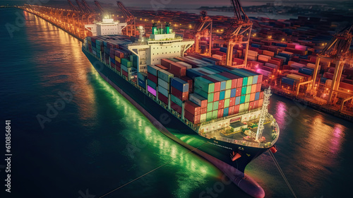 Aerial top view Container carrier ship and business logistic commercial intermodal freight transport in Cargo ship of international travel sea, Generative AI