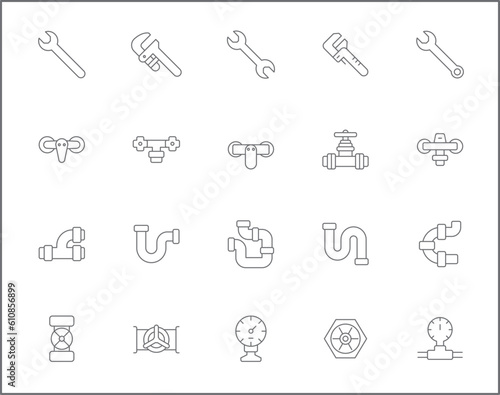 Simple Set of plumbing Related Vector Line Icons. Vector collection of traps, drains, taps, hand tools, vise, pipe, connector, valve and design elements symbols or logo element.