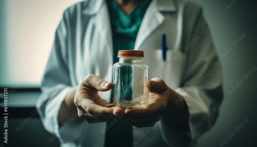 Caucasian scientist holding glass flask analyzing liquid generated by AI Caucasian scientist holding glass flask analyzing liquid generated by AI