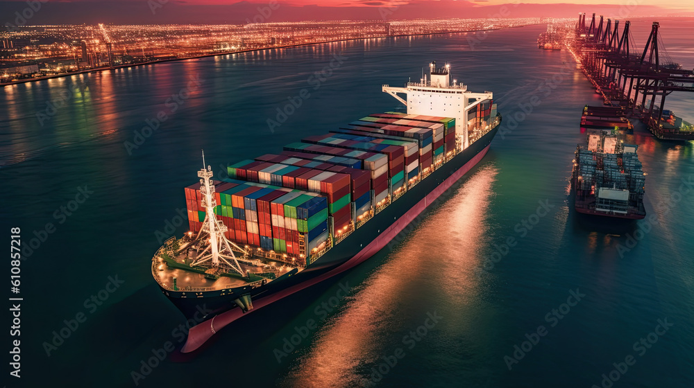 Fototapeta premium Aerial top view Container carrier ship and business logistic commercial intermodal freight transport in Cargo ship of international travel sea, Generative AI