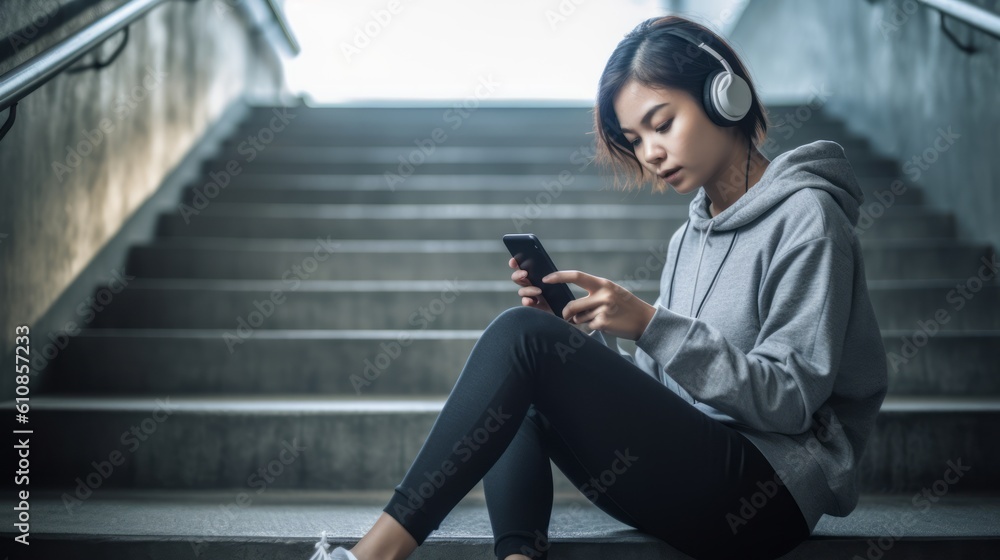 Young Fit Asian Woman Enjoying Music on Phone Outdoors. Generative AI.