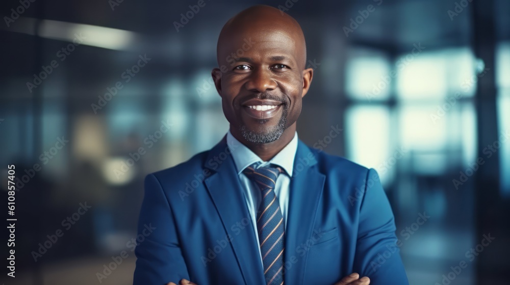 Confident Middle-Aged Black Business man CEO: Proud and Smiling Executive Manager in Blue Suit. African ethnic Businessman in Blue Suit. Generative AI. Confident Middle-Aged Black Business man CEO: Proud and Smiling Executive Manager in Blue Suit. African ethnic Businessman in Blue Suit. Generative AI.