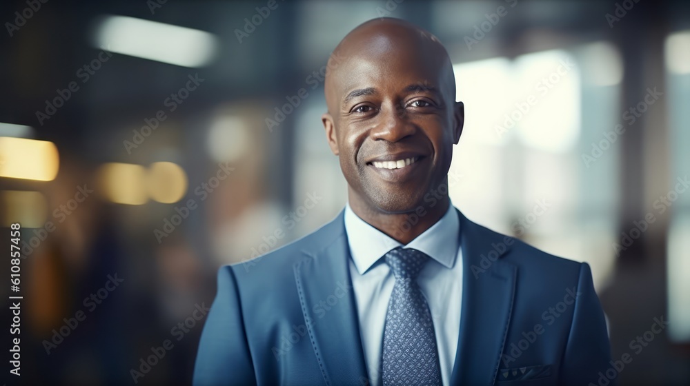 Confident Middle-Aged Black Business man CEO: Proud and Smiling Executive Manager in Blue Suit. African ethnic Businessman in Blue Suit. Generative AI. Confident Middle-Aged Black Business man CEO: Proud and Smiling Executive Manager in Blue Suit. African ethnic Businessman in Blue Suit. Generative AI.
