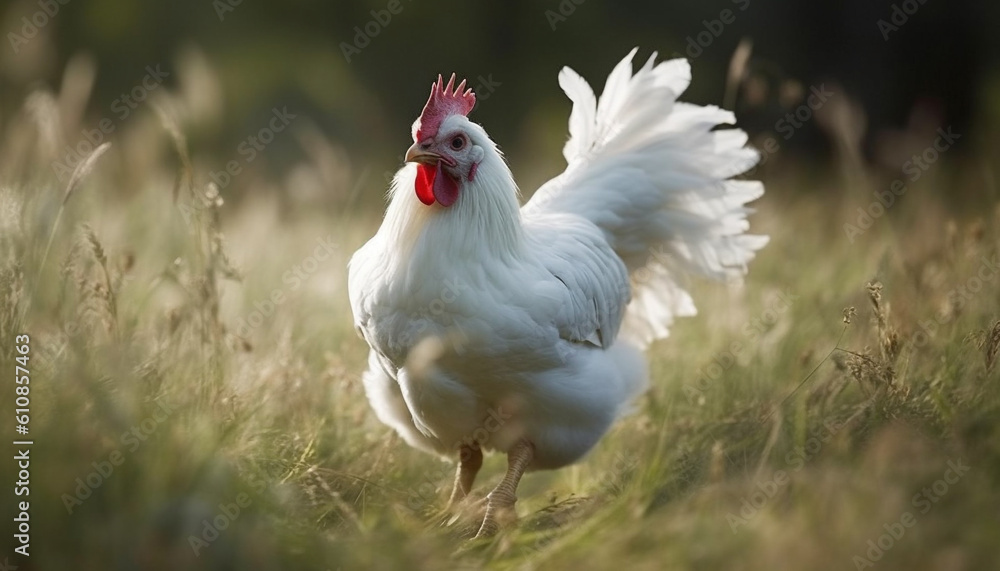 Fototapeta premium Free range rooster grazes on green meadow generated by AI