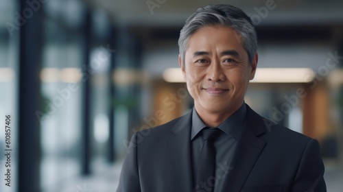 Confident Middle-Aged Asian Business man CEO: Proud and Smiling Executive Manager in Black Suit. Businessman in Black Suit. Generative AI.