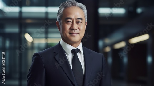 Confident Middle-Aged Asian Business man CEO: Proud and Smiling Executive Manager in Black Suit. Businessman in Black Suit. Generative AI. © GustavsMD