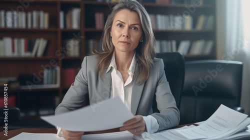 Serious busy mid aged professional business woman lawyer or financial law expert wearing suit holding corporate documents sitting at desk in office managing risks feeling doubt. Generative AI.