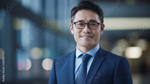 Confident Middle-Aged Asian Business man CEO: Proud and Smiling Executive Manager in Blue Suit. Businessman in Blue Suit. Generative AI.