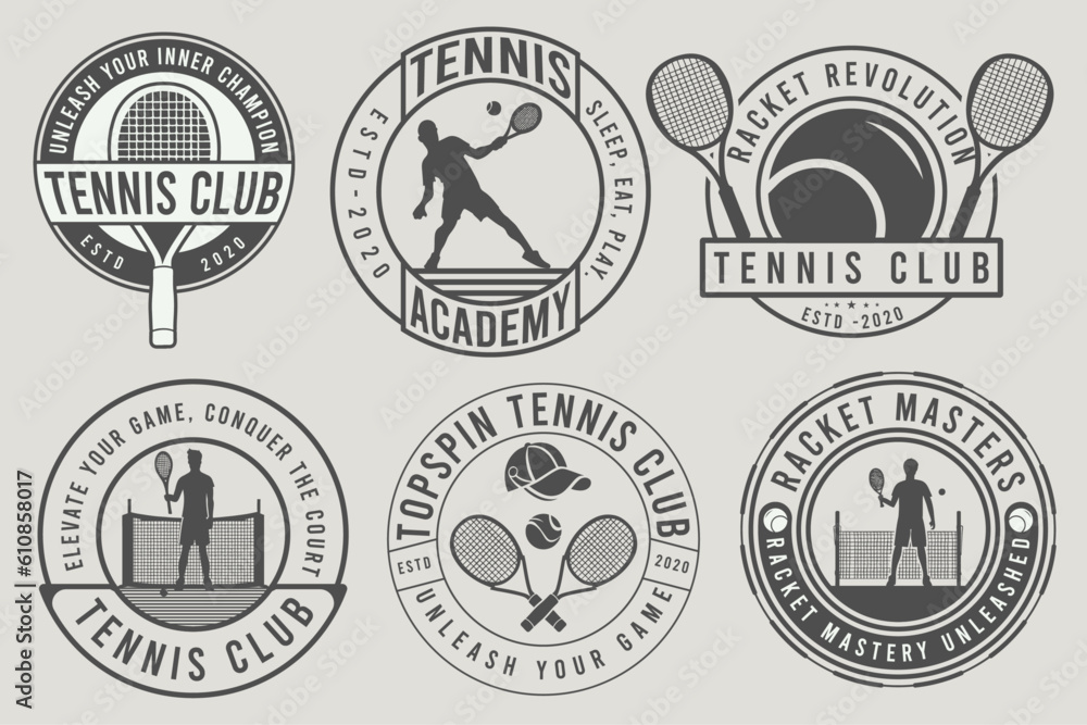 Set of Tennis club badges. Vector illustration. The concept for shirt, print, stamp, or tee. Vintage typography design with tennis player, racket, and ball silhouette.