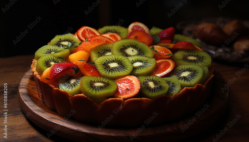 Fresh berry slice on green wood table generated by AI