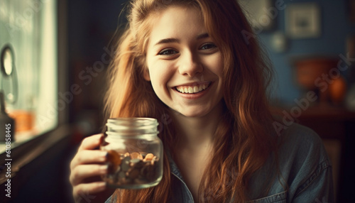 Cute young woman enjoys refreshing drink indoors generated by AI
