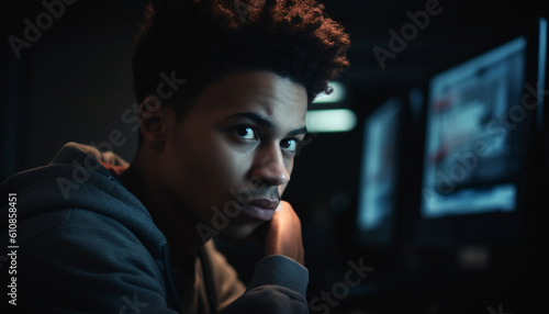 Two men, one sad, one confident, indoors generated by AI