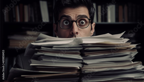 Overworked businessman stacks paperwork, shows emotional stress generated by AI