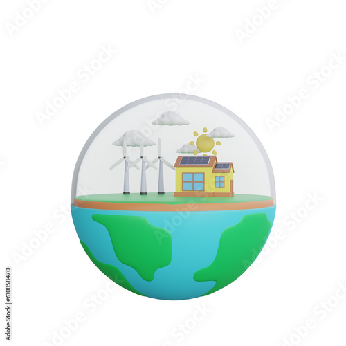 3d rendering of a wind turbine and solar panels ecology concept