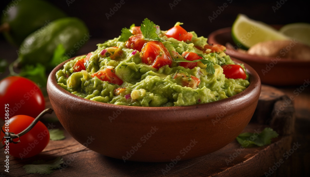 Fresh guacamole dip with organic vegetables and spices generated by AI