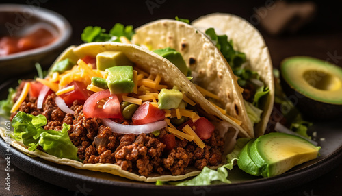 Freshly grilled beef on a crispy tortilla generated by AI