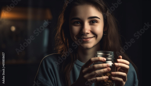 Cute young woman holding coffee cup, smiling confidently generated by AI